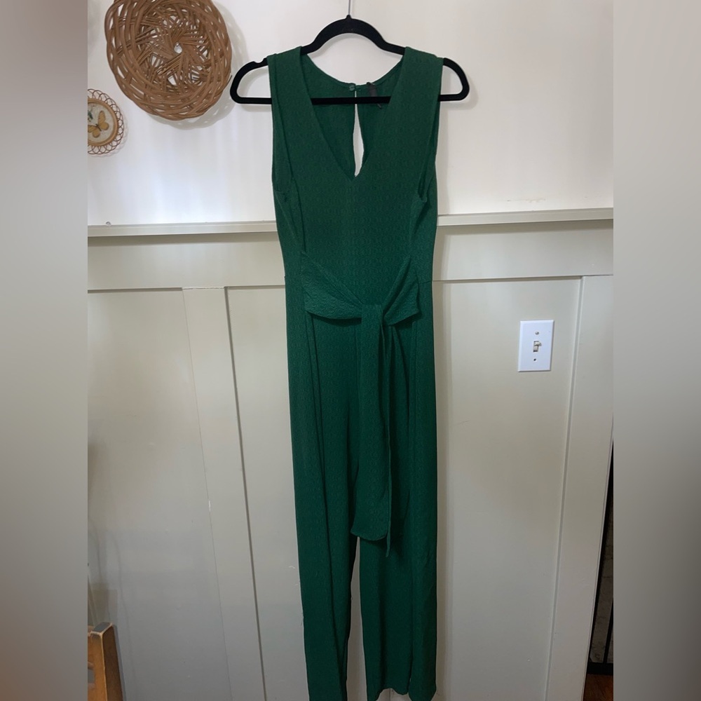 ALYA Francesca's Small Forest Green Jumpsuit Sleeveless V Neck Sash Wide Leg